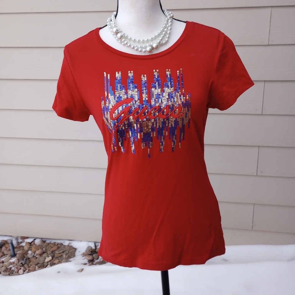 Guess Red Blue & Silver Sequin Signature Logo Top